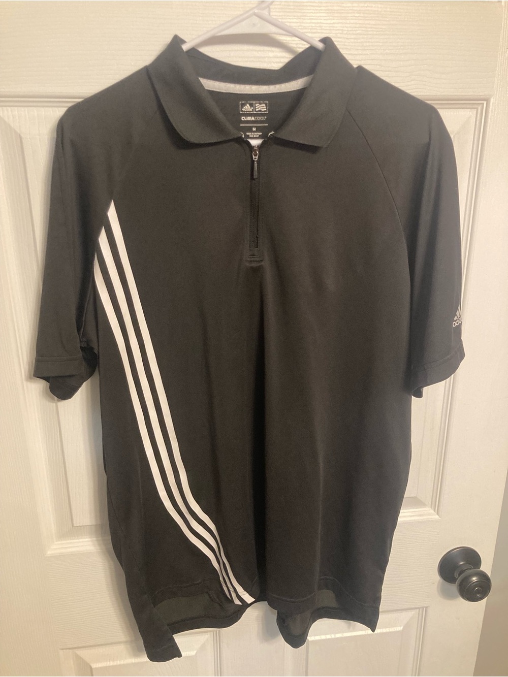 adidas Cal U Black Polo Shirt with White Diagonal Stripes and Quarter Zip